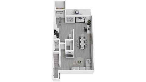 A white floor plan of a house with a kitchen, living room, and bathroom.